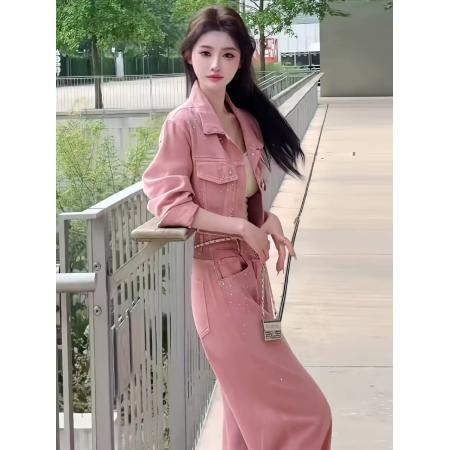 FA52732# 复古闪闪烫钻单排扣短款牛仔外套女秋季小个子高腰阔腿裤套装  服裝批發女裝批發服飾貨源