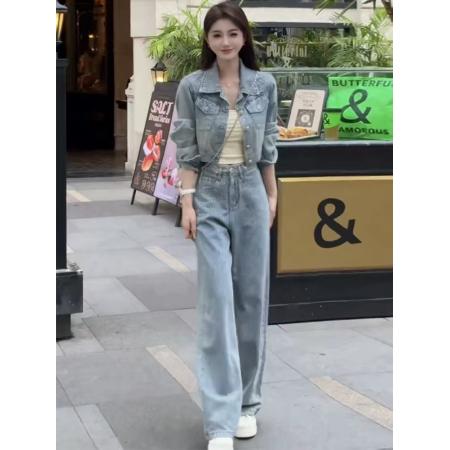 FA52732# 复古闪闪烫钻单排扣短款牛仔外套女秋季小个子高腰阔腿裤套装  服裝批發女裝批發服飾貨源