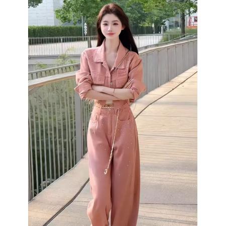 FA52732# 复古闪闪烫钻单排扣短款牛仔外套女秋季小个子高腰阔腿裤套装  服裝批發女裝批發服飾貨源