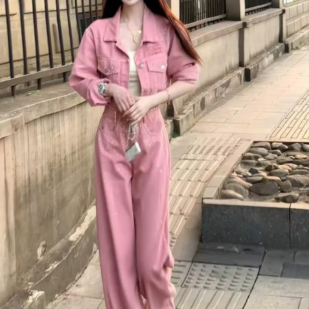 FA52732# 复古闪闪烫钻单排扣短款牛仔外套女秋季小个子高腰阔腿裤套装  服裝批發女裝批發服飾貨源