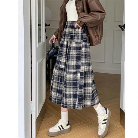 FA52735# 复古毛呢格子蛋糕半身裙女秋冬款新款中长款高腰呢子百褶裙子  服裝批發女裝批發服飾貨源