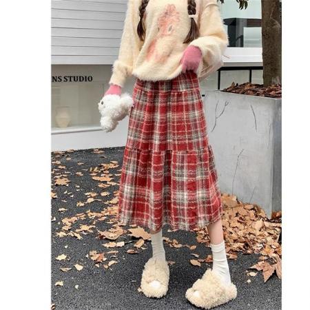 FA52735# 复古毛呢格子蛋糕半身裙女秋冬款新款中长款高腰呢子百褶裙子  服裝批發女裝批發服飾貨源