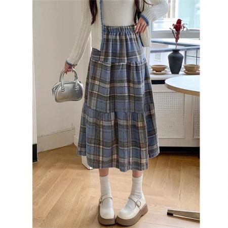 FA52735# 复古毛呢格子蛋糕半身裙女秋冬款新款中长款高腰呢子百褶裙子  服裝批發女裝批發服飾貨源
