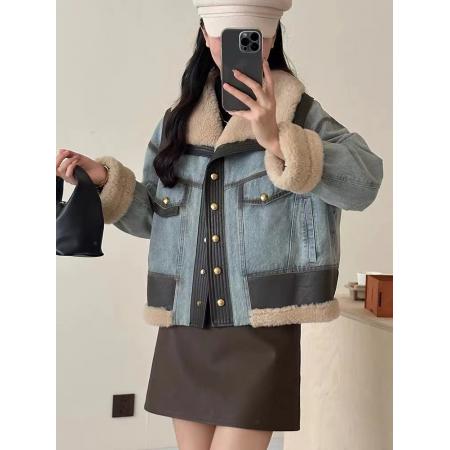 FA52736# 羽绒内胆拼接羊羔毛皮毛一体牛仔外套女冬季新款白鸭绒派克服  服裝批發女裝批發服飾貨源