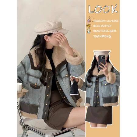 FA52736# 羽绒内胆拼接羊羔毛皮毛一体牛仔外套女冬季新款白鸭绒派克服  服裝批發女裝批發服飾貨源