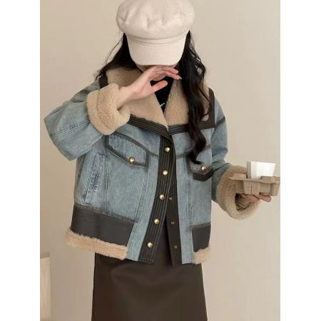 FA52736# 羽绒内胆拼接羊羔毛皮毛一体牛仔外套女冬季新款白鸭绒派克服  服裝批發女裝批發服飾貨源