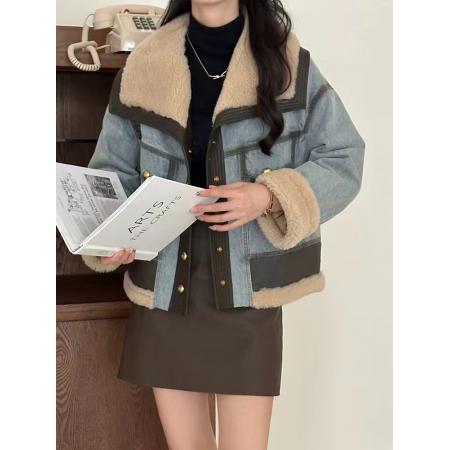 FA52736# 羽绒内胆拼接羊羔毛皮毛一体牛仔外套女冬季新款白鸭绒派克服  服裝批發女裝批發服飾貨源