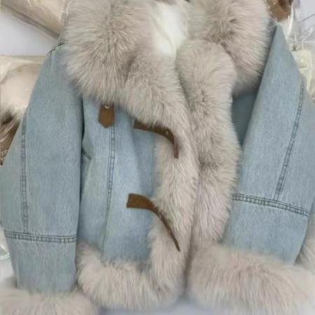 FA52737# 高端韩系羽绒服毛领蓝色牛仔外套女冬季夹绒加厚保暖皮草毛绒大衣  服裝批發女裝批發服飾貨源