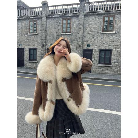 FA52738# 安娜家沫雪海盐炸街牛仔派克服女短款羽绒狐狸毛皮草外套  服裝批發女裝批發服飾貨源