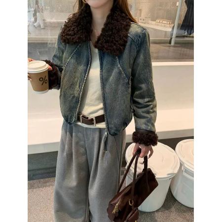 FA52739# 羊羔毛翻领牛仔外套女欧洲站冬季加厚小个子韩版法式复古短款上衣  服裝批發女裝批發服飾貨源