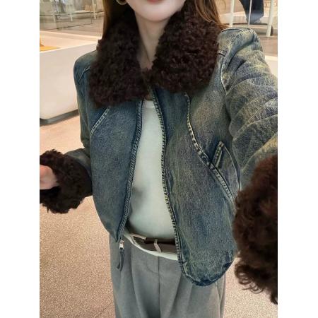 FA52739# 羊羔毛翻领牛仔外套女欧洲站冬季加厚小个子韩版法式复古短款上衣  服裝批發女裝批發服飾貨源