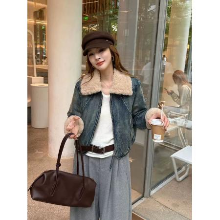 FA52739# 羊羔毛翻领牛仔外套女欧洲站冬季加厚小个子韩版法式复古短款上衣  服裝批發女裝批發服飾貨源