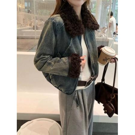 FA52739# 羊羔毛翻领牛仔外套女欧洲站冬季加厚小个子韩版法式复古短款上衣  服裝批發女裝批發服飾貨源