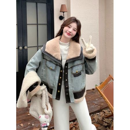FA52740# 牛仔羽绒服女冬季新款设计感拼接超好看羊羔毛领羽绒内胆外套  服裝批發女裝批發服飾貨源