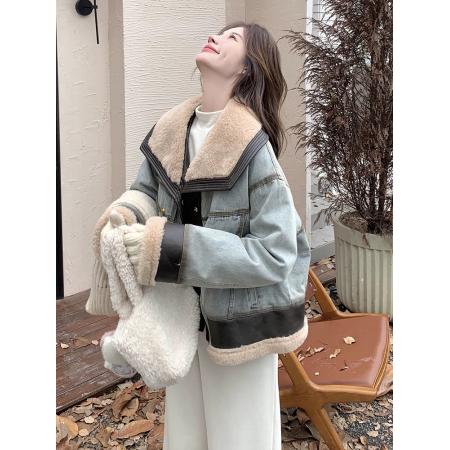 FA52740# 牛仔羽绒服女冬季新款设计感拼接超好看羊羔毛领羽绒内胆外套  服裝批發女裝批發服飾貨源