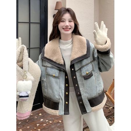 FA52740# 牛仔羽绒服女冬季新款设计感拼接超好看羊羔毛领羽绒内胆外套  服裝批發女裝批發服飾貨源