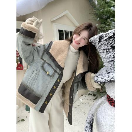 FA52740# 牛仔羽绒服女冬季新款设计感拼接超好看羊羔毛领羽绒内胆外套  服裝批發女裝批發服飾貨源