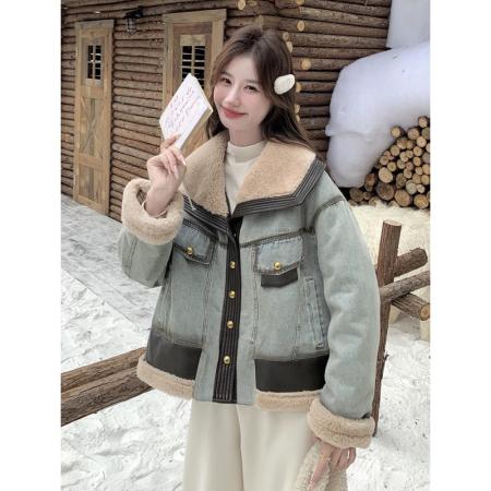 FA52740# 牛仔羽绒服女冬季新款设计感拼接超好看羊羔毛领羽绒内胆外套  服裝批發女裝批發服飾貨源