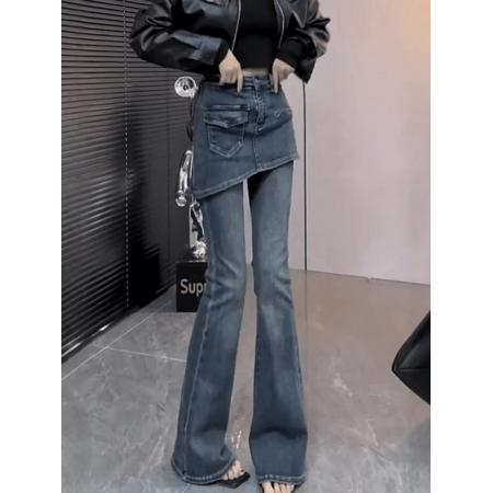 FA52741# 大码复古遮肉假两件微喇牛仔裤女秋冬新款高腰显瘦加绒马蹄裤  服裝批發女裝批發服飾貨源