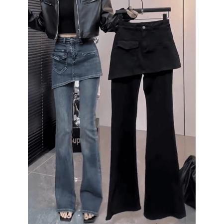 FA52741# 大码复古遮肉假两件微喇牛仔裤女秋冬新款高腰显瘦加绒马蹄裤  服裝批發女裝批發服飾貨源