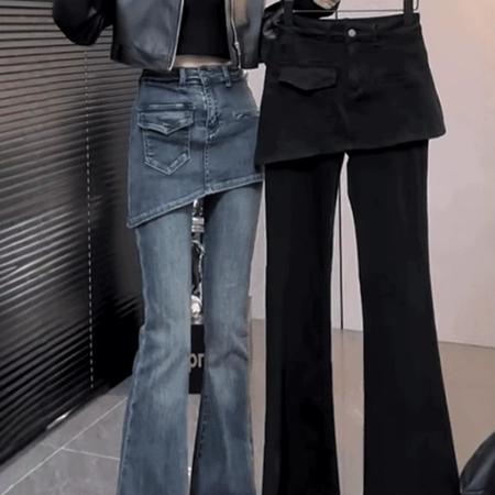 FA52741# 大码复古遮肉假两件微喇牛仔裤女秋冬新款高腰显瘦加绒马蹄裤  服裝批發女裝批發服飾貨源