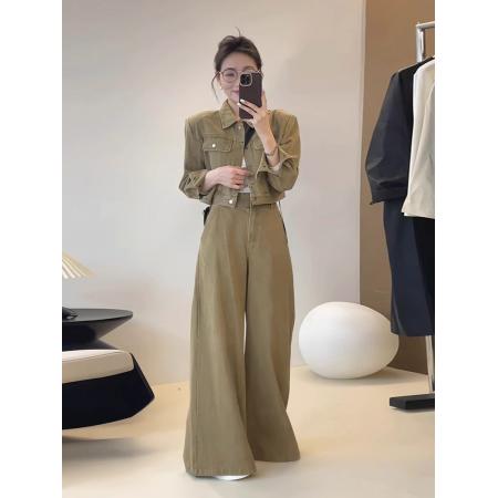 FA52742# 韩版卡其色牛仔时尚套装女春季新款长袖短款外套显瘦阔腿裤两件套  服裝批發女裝批發服飾貨源