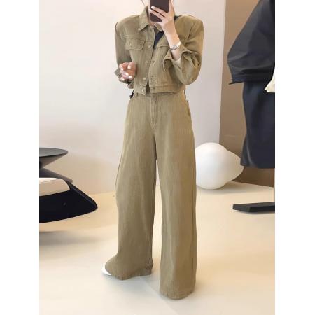 FA52742# 韩版卡其色牛仔时尚套装女春季新款长袖短款外套显瘦阔腿裤两件套  服裝批發女裝批發服飾貨源