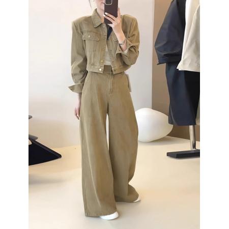 FA52742# 韩版卡其色牛仔时尚套装女春季新款长袖短款外套显瘦阔腿裤两件套  服裝批發女裝批發服飾貨源