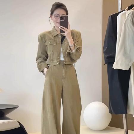 FA52742# 韩版卡其色牛仔时尚套装女春季新款长袖短款外套显瘦阔腿裤两件套  服裝批發女裝批發服飾貨源