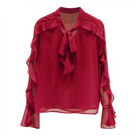 FA52745# 2026春秋季新款雪纺衫长袖韩版时尚荷叶边显瘦蝴蝶结衬衫女  服裝批發女裝批發服飾貨源