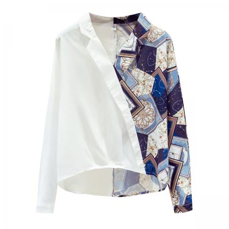 FA52746# 撞色拼接V领衬衫女春季2026款气质雪纺长袖上衣设计感小众  服裝批發女裝批發服飾貨源