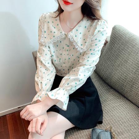 FA52751# 法式娃娃领碎花衬衫上衣女2026年春季新款小清新甜美泡泡短袖衬衣  服裝批發女裝批發服飾貨源