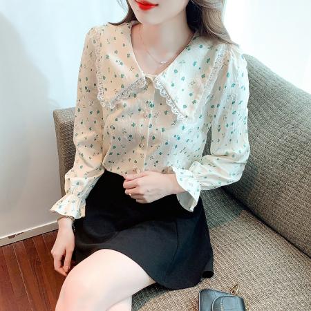 FA52751# 法式娃娃领碎花衬衫上衣女2026年春季新款小清新甜美泡泡短袖衬衣  服裝批發女裝批發服飾貨源