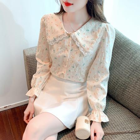 FA52751# 法式娃娃领碎花衬衫上衣女2026年春季新款小清新甜美泡泡短袖衬衣  服裝批發女裝批發服飾貨源