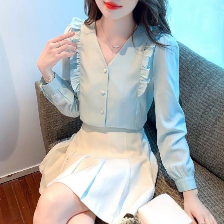 FA52752# 2026初秋季时尚V领小衫微胖妹妹法式设计感小众木耳边长袖衬衫  服裝批發女裝批發服飾貨源