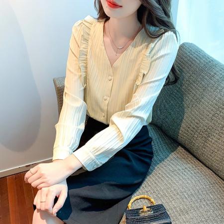 FA52752# 2026初秋季时尚V领小衫微胖妹妹法式设计感小众木耳边长袖衬衫  服裝批發女裝批發服飾貨源