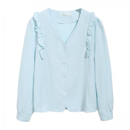 FA52752# 2026初秋季时尚V领小衫微胖妹妹法式设计感小众木耳边长袖衬衫  服裝批發女裝批發服飾貨源