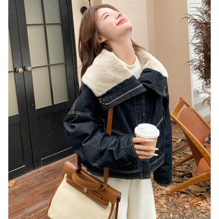 FA52753# 羊羔毛大毛领牛仔外套女冬季新款高级感超好看短款加厚派克服  服裝批發女裝批發服飾貨源