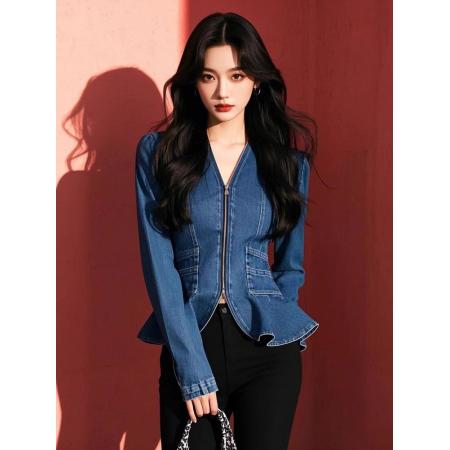 FA52755# 轻奢高级感拉链牛仔衬衣女春秋新款拉链修身收腰显瘦衬衫上衣  服裝批發女裝批發服飾貨源