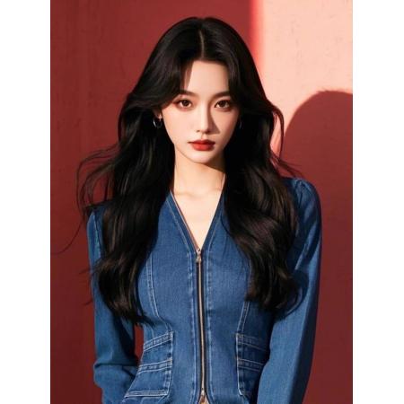 FA52755# 轻奢高级感拉链牛仔衬衣女春秋新款拉链修身收腰显瘦衬衫上衣  服裝批發女裝批發服飾貨源