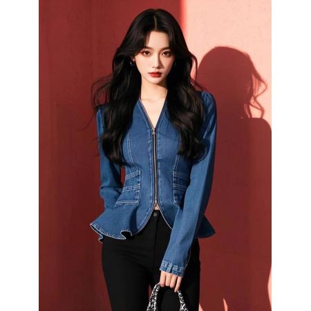 FA52755# 轻奢高级感拉链牛仔衬衣女春秋新款拉链修身收腰显瘦衬衫上衣  服裝批發女裝批發服飾貨源