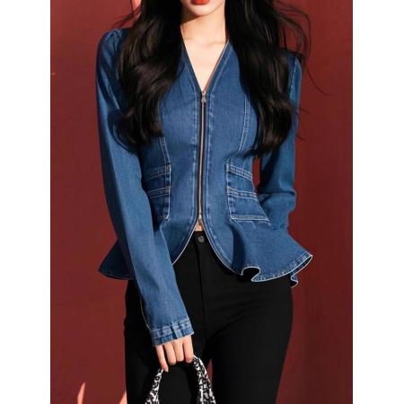 FA52755# 轻奢高级感拉链牛仔衬衣女春秋新款拉链修身收腰显瘦衬衫上衣  服裝批發女裝批發服飾貨源