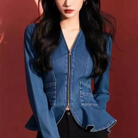 FA52755# 轻奢高级感拉链牛仔衬衣女春秋新款拉链修身收腰显瘦衬衫上衣  服裝批發女裝批發服飾貨源