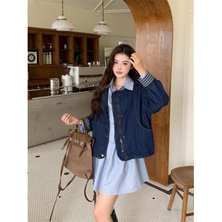 FA52756# 秋季韩版复古小众百搭洋气圆领格子翻边长袖牛仔外套女上衣宽松潮  服裝批發女裝批發服飾貨源