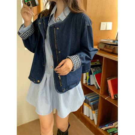 FA52756# 秋季韩版复古小众百搭洋气圆领格子翻边长袖牛仔外套女上衣宽松潮  服裝批發女裝批發服飾貨源