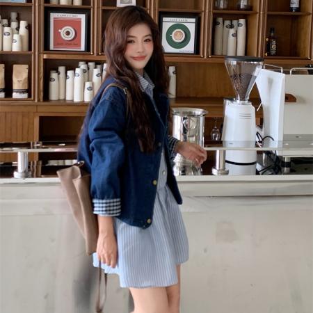 FA52756# 秋季韩版复古小众百搭洋气圆领格子翻边长袖牛仔外套女上衣宽松潮  服裝批發女裝批發服飾貨源