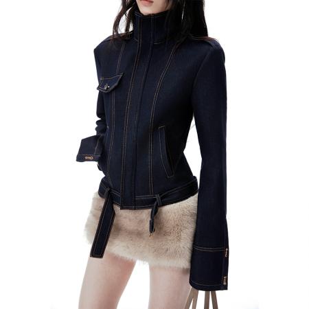 FA52757# 港风高级感时尚气质设计感秋季修身拉链系扣短款外套百搭夹克上衣  服裝批發女裝批發服飾貨源