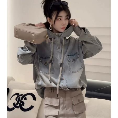 FA52758# 春季新款韩版做旧宽松长袖连帽牛仔衬衣复古短款开衫外套女潮  服裝批發女裝批發服飾貨源