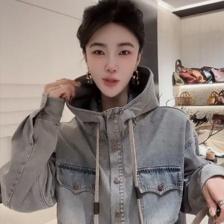 FA52758# 春季新款韩版做旧宽松长袖连帽牛仔衬衣复古短款开衫外套女潮  服裝批發女裝批發服飾貨源