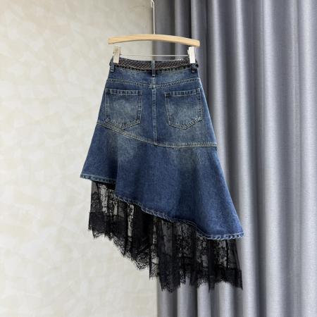 FA52759# 美式设计感不规则蕾丝拼接牛仔半身裙女春秋新款高腰显瘦A字裙子  服裝批發女裝批發服飾貨源